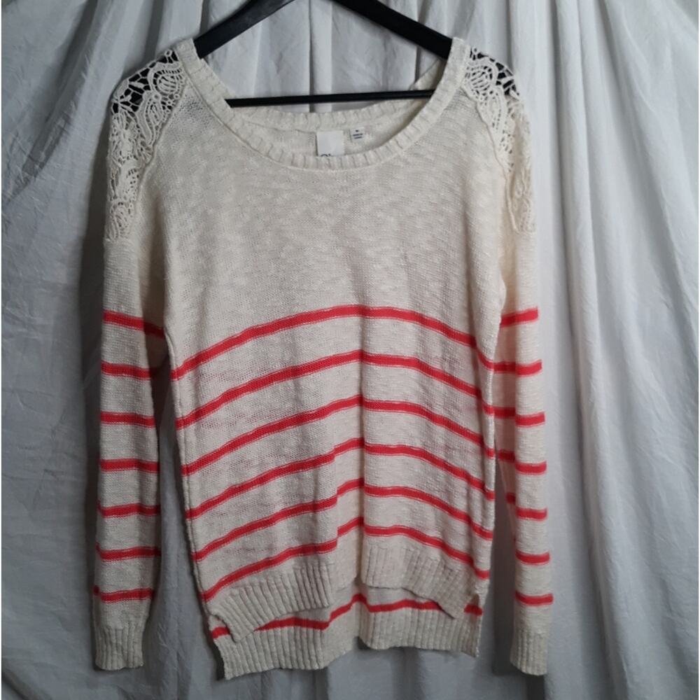 Oh MG! Striped Sweater Women M‎ Cream Orange Lace Crochet Shoulder High-Low Hem
